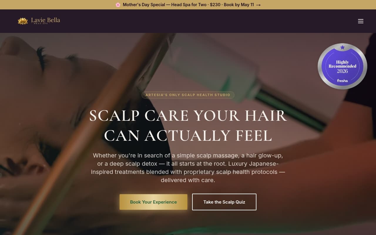 Lavie Bella Head Spa homepage at laviebella.com